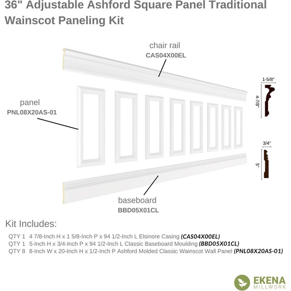 94 1/2L (Adjustable 36H To 40H) Ashford Square Panel Traditional Wainscot Paneling Kit